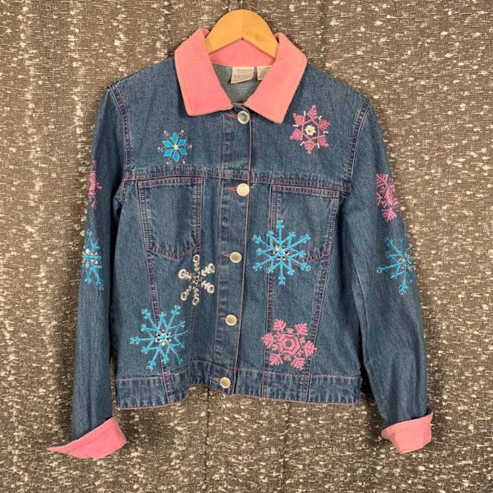 Bleu Bayou Christmas Denim Jacket Small Pink Corduroy Snowflake Embroidered